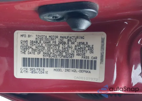 2013 Toyota Corolla Base из США, поврежденный, VIN 5YFBU4EE7DP092387